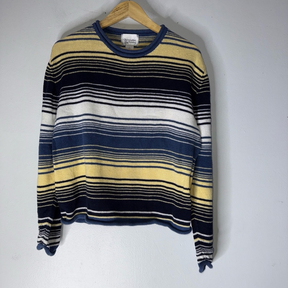 Vintage Christopher Banks Navy Yellow White Stripe Cotton Ramie Blend Sweater L